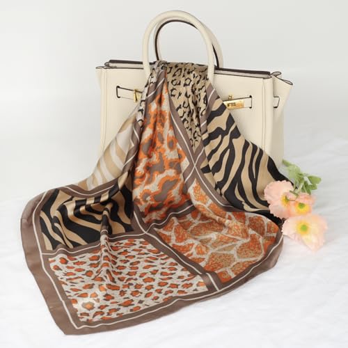 Relang Fashion Silk Satin Head Scarf for Women Hair Bandana Hair Scarf Wrap Neck Scarf for Women 27.5×27.5 inches - color: Brown Tiger Leopard Print