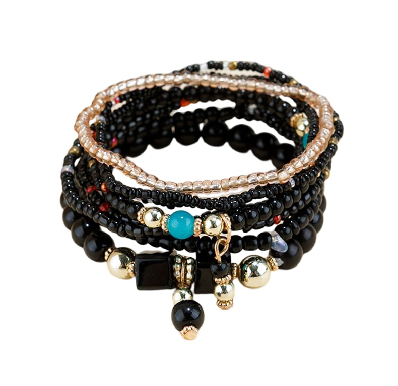 LSxAB Women Multilayered Beads Bracelet Set Stackable Boho Style Beaded Stretch Strand Wrap Birthday Jewelry - style: Black 8PC