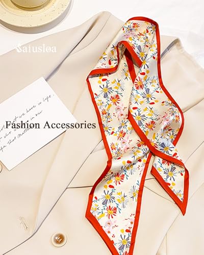 Purse Scarf For Handbags Head Scarves For Women's Hair Bags Scarfs Long Skinny Scarves Fashion Silky - color: A12-kelsang Flower Red Border