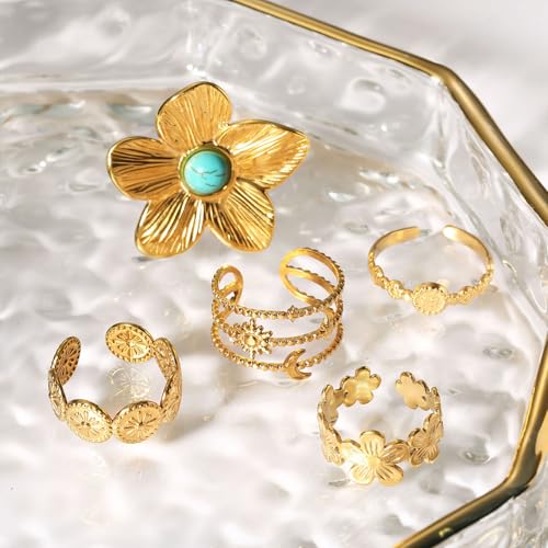 Bohemian Turquoise Ring for Women Chunky Gold Flower Statement Rings Vintage Round Turquoises Stackable Knuckle Ring Set for Women Western Jewelry - style: Turquoise flower ring-B