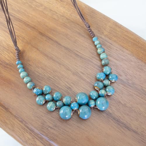 Boho Round Colorful Ceramic Beaded Necklace, Adjustable Hippie Statement Necklace, Handmade Ethnic Jewelry Gift for Women - color: Turquoise Blue