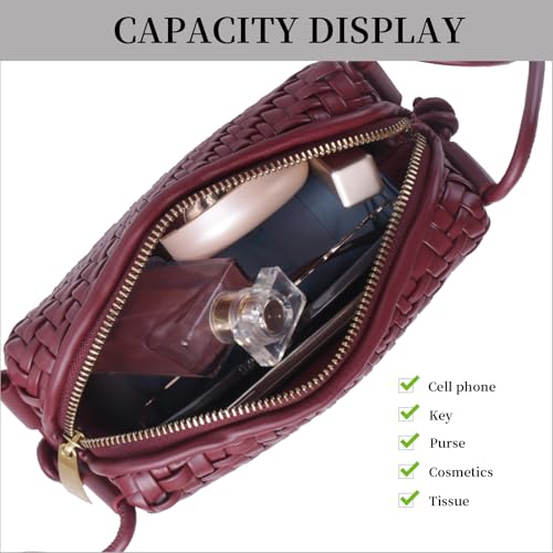 Woven Crossbody Bags for Women Handwoven Purses Vegan Leather Small Handbag Handmade Shoulderbag | Lightweight - color: Burgundy