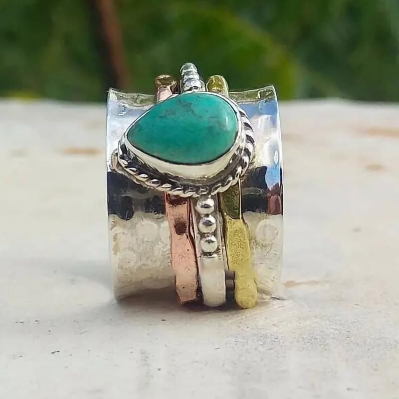 LRGKMCWTOB Vintage Sterling Silver Turquoise Ring for Women, Bohemian Style Handmade Dainty Ethnic Healing Stone Ring, Tribal Totem Cut Natural Turquoise Bridal Statement Ring Gift Size 7 - size: Size 7