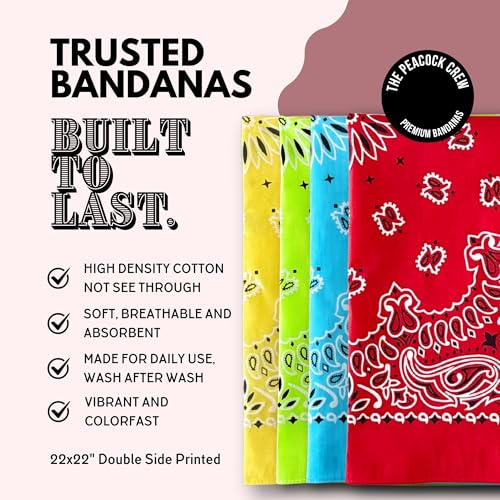 The Peacock Crew Premium Soft Cotton Bandanas Pack for Men and Women Paisley 22 x 22 inches - color: Pack of 4 Red Yellow Limegreen Azur