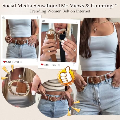 Women Leather Belt for Jeans Pants Ladies Casual Waist Belt Fashion Women Belt with Gold Buckle - color: Gold Beige, size: Suit for waist size 30"-34"