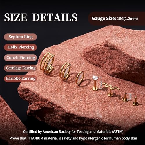 G23 Titanium 3PCS/7PCS 16G Cartilage Double-Hoop Helix Conch Piercing Jewelry With Cubic Zirconia Flat Back Stud Earrings Set For Women Men - color: B-7PCS-Gold-16G