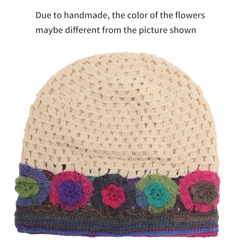 ZLYC Women Cotton Crochet Slouchy Beanie Hat Handmade Knit Summer Skull Cap - color: Colorful Flower Beige