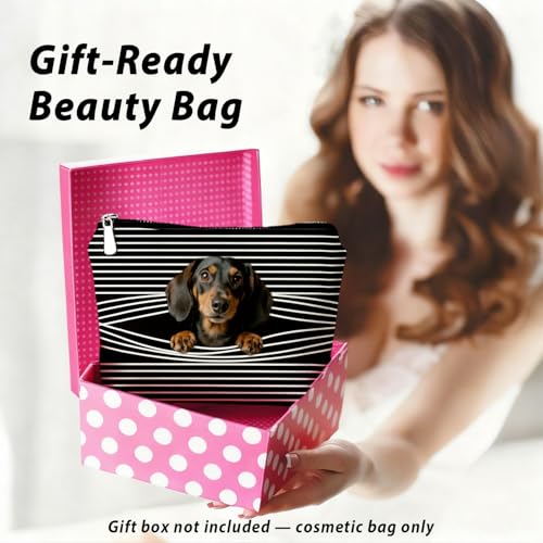 Funny Dachshund Makeup Bag, Dachshund Lovers Gifts for Women Cosmetic Bag, Weiner Dog Gifts for Women, Funny Weiner Dog Striped Small Toiletry Bags Zipper Makeup Pouch - color: 03-funny Peeping Dachshund