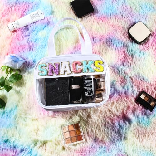 BuyCard Chenille Letter Clear Makeup Bags for Travel, Preppy Patch Nylon Cosmetic Pouch with Handles and Zipper, Waterproof Large Clear Toiletry Purse Storage for Women, White - color: White-Snacks