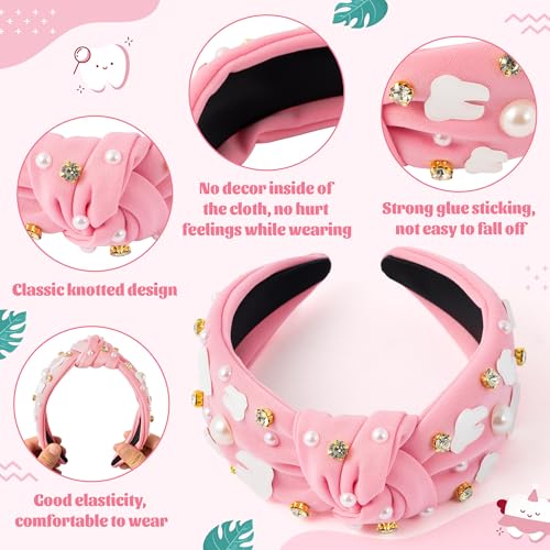 PANTIDE Dentist Jeweled Knotted Headband - Dental Hygienist Assistant Gift Teeth Rhinestone Embellished Headband Non Slip Wide Top Knot Hairband Hair Accessories Birthday Gift for Women Girls (Pink) - color: Pink Dentist