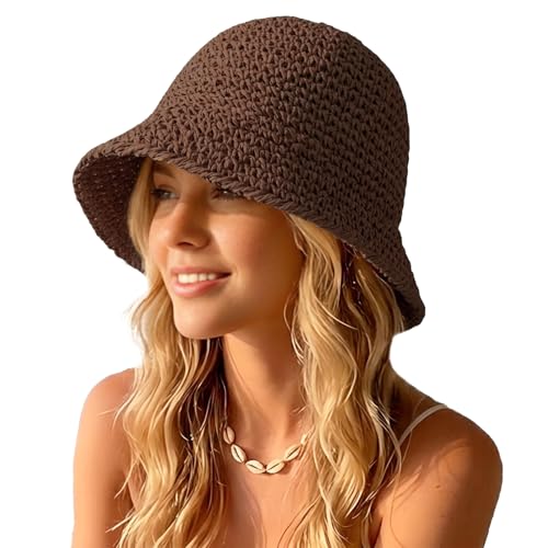 Straw Bucket Hat for Women Foldable Summer Beach Sun Hats Wide Brim Crochet Floppy Hat for Vacation Travel Shade & Style - color: Coffee-a