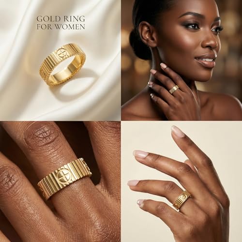 PDWZNBA Mothers Day Gifts for Mom Linear Stripe Textured Ring | 14K Gold-Plated Stainless Steel Promise & Friendship Ring, Wedding Band, Birthday Gifts for Women - color: CGold, size: 10