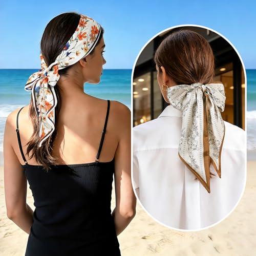 GERINLY 2 PCS Neck Scarf for Women, Long Purse Scarf for Handbags, Narrow Hair Scarves, Bag Charm Accessories Headband - color: Beige
