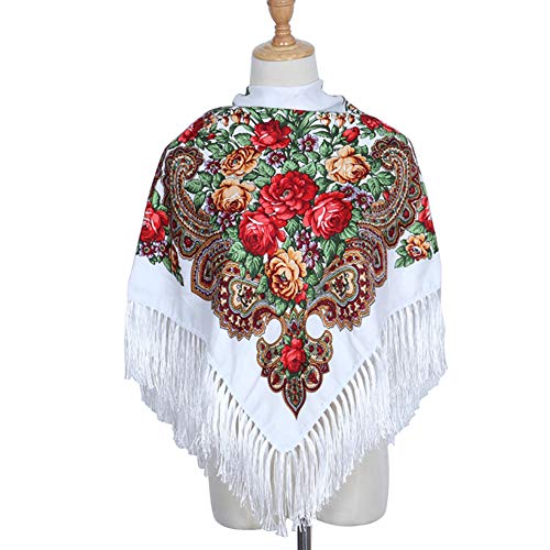 Gudessly Women's Traditional Scarf Wrap Tassel Fringes Neck Head Shawl Retro Scarf Floral Poncho Printing Square Cape 50inch - color: White