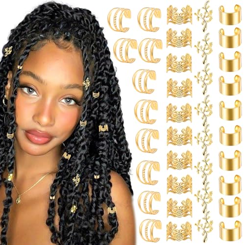 40PCS Gold Hair Jewelry for Braids Multi Style Hair Cuffs Adjustable Braid Jewelry Non-Piercing Ear Clips Loc Dreadlock Accessories for Women and Girls - color: Gold