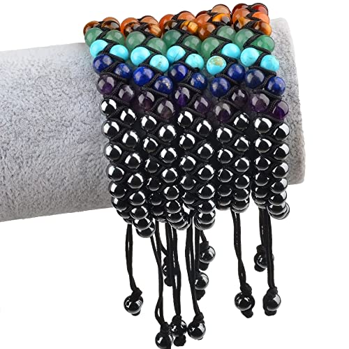 MASSIVE BEADS Double Layer Natural Chakra Healing Power Crystals Macrame Bracelet Yoga Stone Beads Gemstone Meditation Relax Anxiety Bangle for Unisex Women Men - color: 7-Chakras&Hematite, size: 6mm