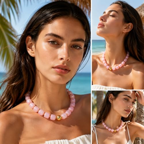Chunky Beaded Necklace for Women Boho Colorful Statement Choker Necklaces Summer Beach Resin Jewelry Accessories - color: pink