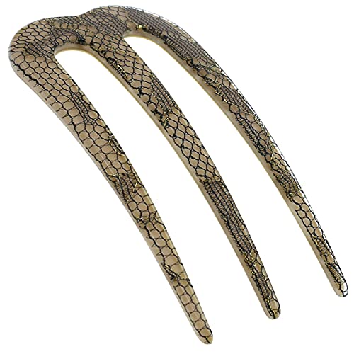 Camila Paris CP3168 French Twist Stick Clip Pins, Black Lace, Wavy Hair Pin 3-Prong Hair Fork for Girls Spiral Updo Chignon Bun Holder, Flexible Styling Hair Accessories for Women, Handmade in France - color: 3-Prong Black Lace