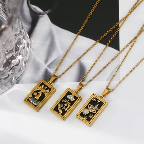 Gold Tarot Card Necklace for Women Men, Non Tarnish 18K Gold Plated Vintage Lucky Charm Square Pendant Talisman Amulet Necklaces Unisex Jewelry - style: The World