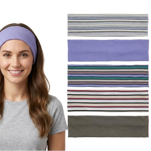 5Pcs Striped Headband, Striped Headbands for Women, Stretchy Headbands with Retro Knit Design, Fabric Headband in Stretchable Style for Everyday Wear, Yoga, Workout & Fashion Outfits Gifts