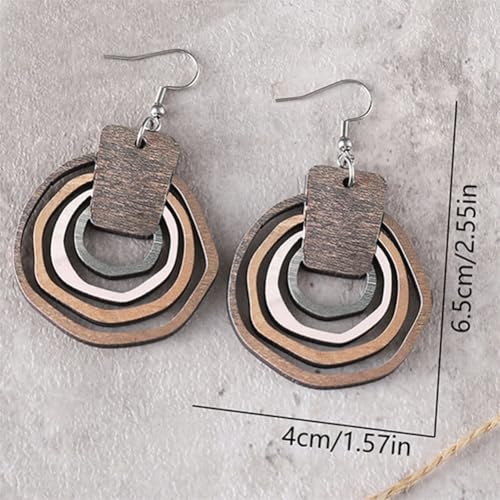 Wooden Geometry Circle Earrings for Women Bohemian Vintage Lightweight Wood Dangle Earrings Handmade Multilayer Earrings