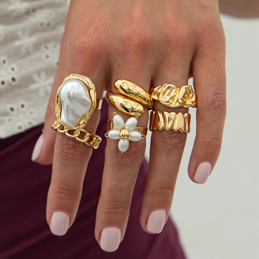 Chunky Gold Rings for Women Non Tarnish Boho Stackable Rings Set Adjustable Open Joint Finger Midi Knuckle Ring Packs - color: Gold Flower Chunky Rings 6Pcs