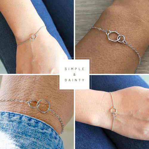 NOKMIT Solid 925 Sterling Silver Bracelets for Women, Dainty Interlocking Circles Cubic Zirconia Adjustable Chain Bracelet, Trendy Stackable Link Bracelets, Simple Cute Jewelry Gifts - color: Silver Interlocking Circles