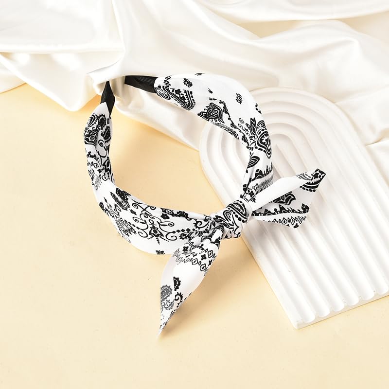 Boho Knotted Bow Hairbands with Paisley Print - Rabbit Ear and Bowknot Designs for Women and Girls, Hair Accessories - color: white