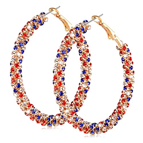 Rhinestone Hoop Earring for Women Sparkly Crystal Wrapped Hoop Dangle Earrings Statement Boho Gold Black Plated CZ Hoop Earring - color: red white blue
