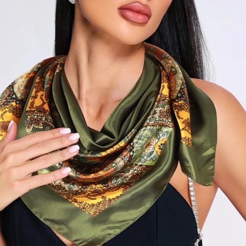 Head Scarf for Women Hair - 2 Pack 35" Square Satin Scarf, Silk Hair Scarf for Women Head Wrap for Sleeping - color: Military Green & Red