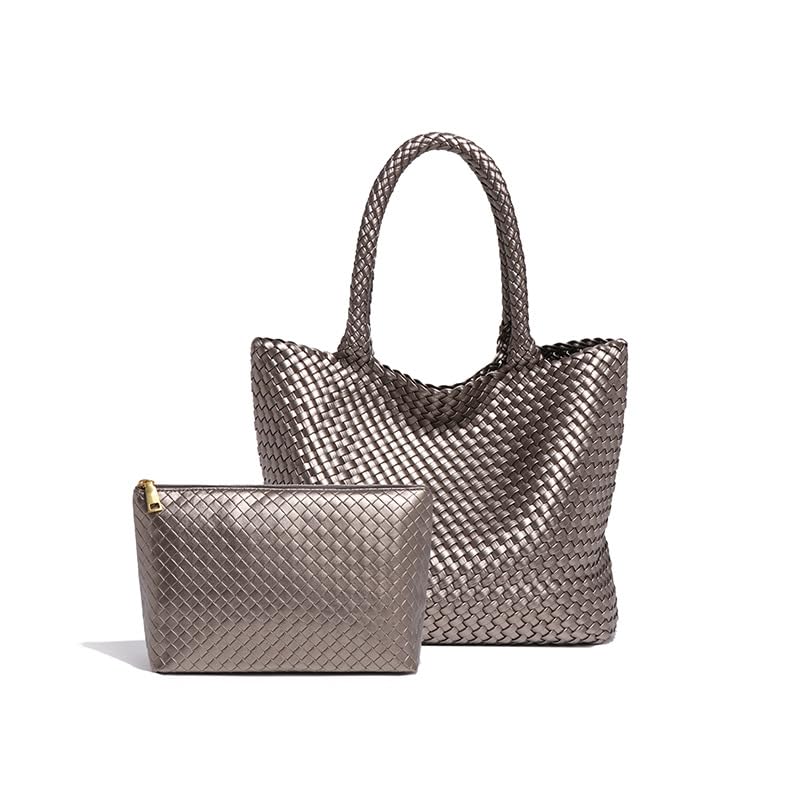 Woven Tote Bag for women,Vegan Leather Woven Satchel Handbag,Shoulder bag with Pouch,Hobo bag fits13-14” laptops - color: Sliver Grey