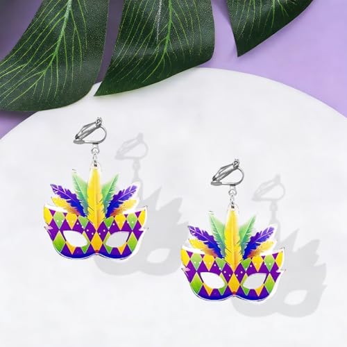 Mardi Gras Clip on Earrings for Women Boho Acrylic Parade Lette Mardi Gras Carnival Clip on Earrings Holiday Festival Jewelry Gifts Accessory - color: mask