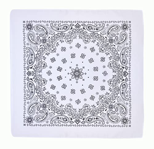 Gift Packaging Bandana for Men Women - 100% Cotton, Paisley, 22x22 In, 1 Pack - Large Bandanna Handkerchief Cowboy Hanky - color: White