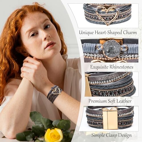 Leather Wrap Bracelet for Women, Boho Cuff Bracelet with Strong Clasp, Multi-Layer Crystal Leather Bracelet for Valentine Mother's Day - color: 01-Heart-Grey