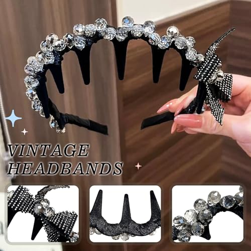 Black Crystal Bow Headband with Teeth for Women, Non-Slip Rhinestone Comb Hairband, Sparkly Studded Bowknot Hard Head Band, Elegant Cute Hair Accessories for Thick Hair - color: Sparkly Rhinestone