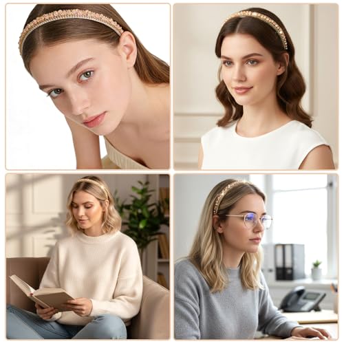 Crystal Rhinestone Headbands for Women Girls, Fashion Sparkly Beaded Hair Hoop Fancy Dressy Headbands Hair Accessories Bling Padded Hairs Bands for Women Girls(Champagne)