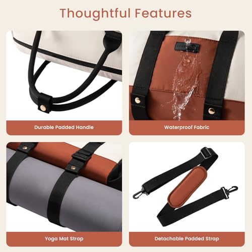 LOVEVOOK Small Gym Bag for Women with Yoga mat Holder, Mini Duffle Bag for Travel with Wet Pocket, Overnight Personal Item Bags, Lightweight Carry on Weekender Duffel for Workout, Dance, Ballet - color: Black-White-Brown, size: 14.5 inch-Small-2Pcs