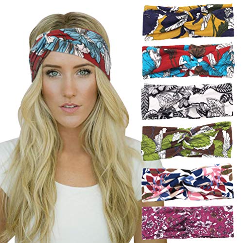 DRESHOW 6 Pack Headbands for Women Boho Headbands Vintage Flower Elastic Workout Yoga Sports Facial Knotted Crocheted Elastic Head Wrap - color: 6 Pack Boho Flower Printed