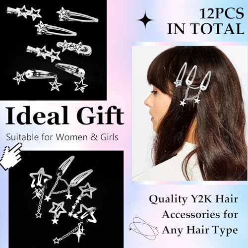 Canitor Y2k Star Hair Clips Cute Kawaii Metal Punk Snap Clips Barrettes for Women Teen Girl Silver Goth Emo 2000s Grunge Rave Kpop Fashion Hair Accessories for Concert Outfit (silver 12pcs) - color: silver 12pcs
