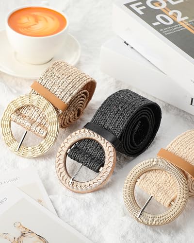 WILLBOND 3 Pcs Women Straw Stretch Belt Elastic Rattan Belts Straw Boho Raffia Belts for Ladies Woven Waist Belt for Dresses - size: Large, style: Retro Style