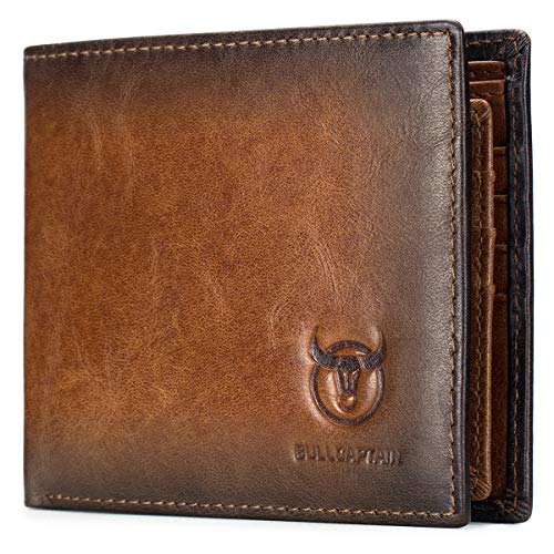 BULLCAPTAIN RFID Wallets for Men,Genuine Leather Wallet QB-05 (Brown) | Slim,Bifold,Front Pocket Wallet, 2 ID Windows,11 Card Slots,RFID Blocking Technology,Gift Choice - color: Brown