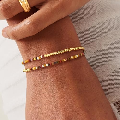 Fettero Beaded Bracelets for Women Charm Natural Stone Handmade Beads White Gold Plated Dainty Gold Bracelets Non Tarnish Boho Summer Beach Vacation Jewelry - color: Brown -Round