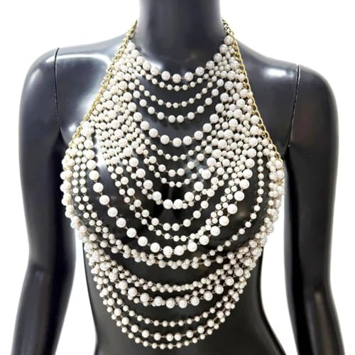 Sexy Pearl Top Backless Vest,Multi-Layered Summer Beach Beaded Harness Bra Chain Festival Rave Pearl Tassel Bralette Body Jewelry for Women