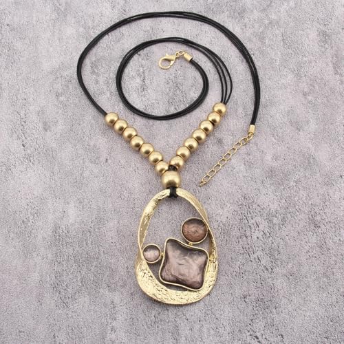 Leather Necklace for Women Large Pendant Hippie Choker Necklace Vintage Sweater Necklace Chunky Boho Necklaces for Women - style: Chunky Boho Necklaces