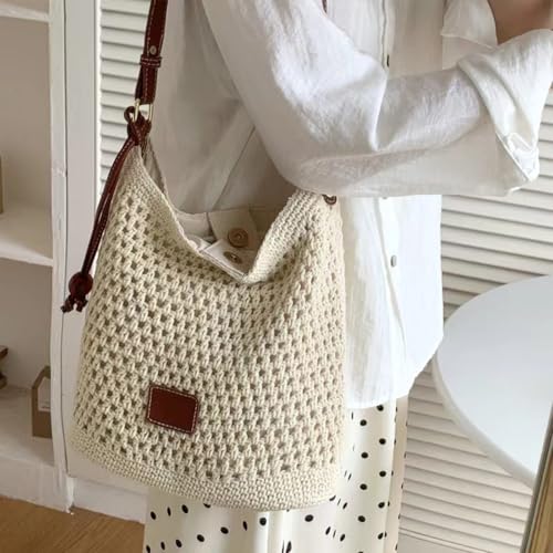 Cotton Fibre Crochet Beach Tote Bag for Vacation,Bohemian Cotton Hobo Shoulder Bag Casual Woven Purse for Women - color: Beige Shoulder Bag