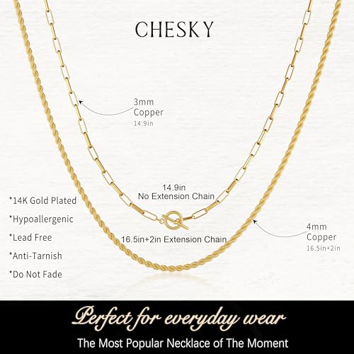 CHESKY Layered Necklaces for Women, 14K Gold Plated Chain Necklace Women Trendy Cuban Link Paperclip Chain Toggle Clasp Necklace Fashion Chunky Jewelry for Women - style: Paperclip Rope-GD
