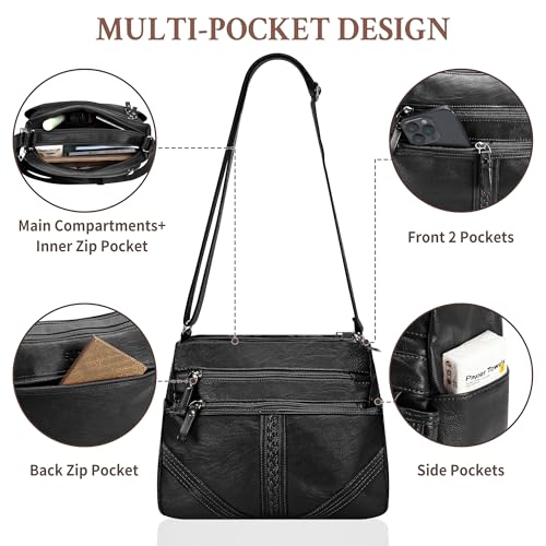 ELDA Crossbody Bags For Women Pocketbooks Soft PU Leather Purses and Handbags Multi Pocket Shoulder Bag - color: X-black