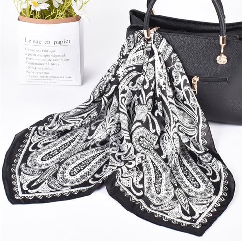 CHUNG Women's Scarf Hair Bandanas Square 27.5" Satin Wrap Fashion Pattern Scarves Emulation Silk Handbag Ribbons Necktie - color: Black Paisley
