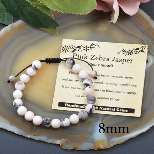 468Handmade Adjustable Natural Gemstone Crystal Bracelet Healing Power Energy Inspirational Gifts with Card for Unisex - color: 07-Pink Zebra Jasper(Relax mood), size: 8mm