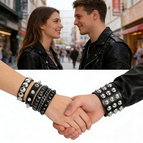Handmade Black Leather Wrap Studded Bracelets for Women Men, 4Pcs Vintage Punk Wrist Cuff Bangle Wristband Emo Jewelry Gifts - style: Round Stud Style